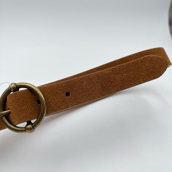 Linea Pelle | NEW Cognac Brown Skinny Suede Belt Round Circle Brass Buckle - Picture 9 of 14